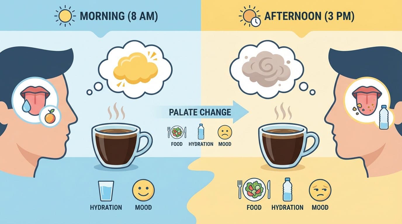 Why does my coffee taste different in the afternoon versus the morning?
