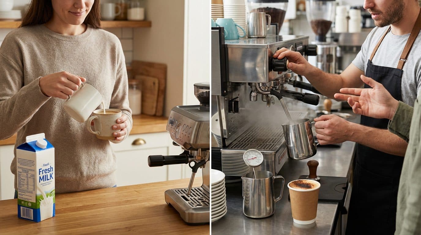Why does my milk taste fine at home but burnt at the café?